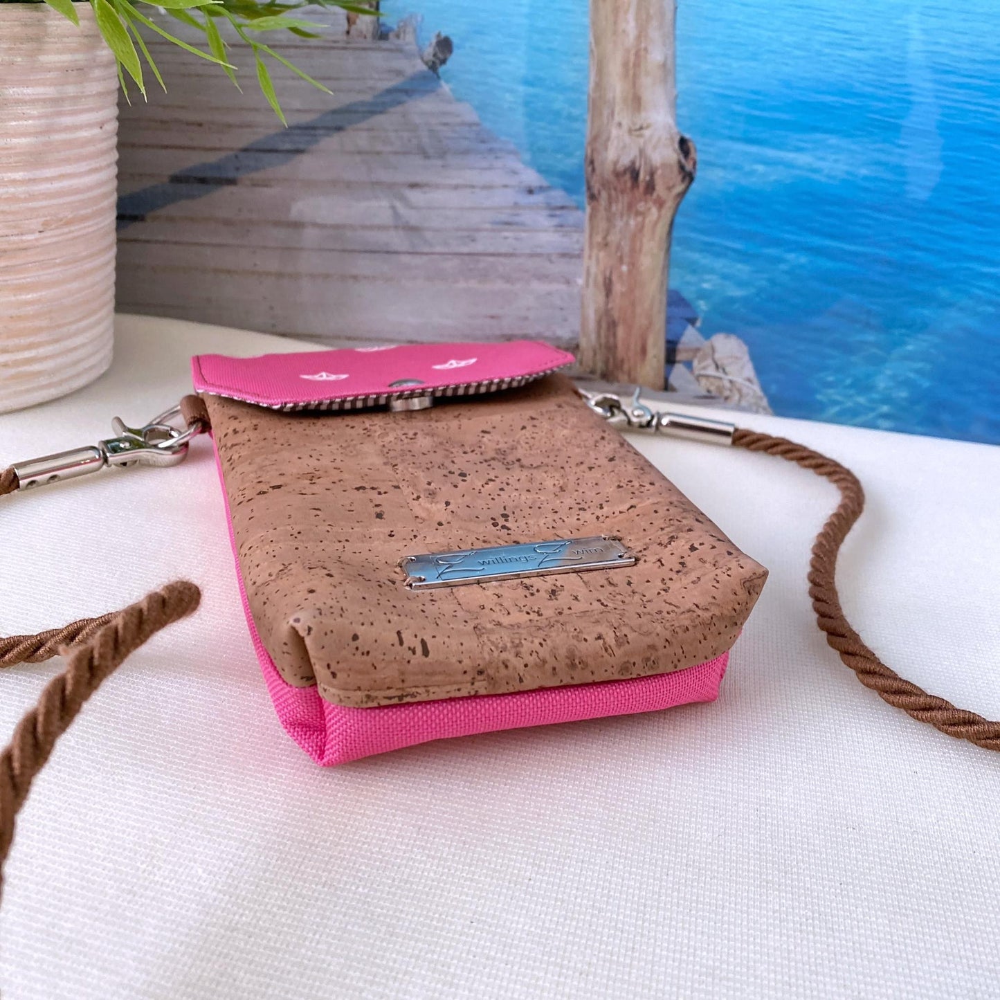 Handytasche *Papierboot* Weiß/Pink/Kork Cognac