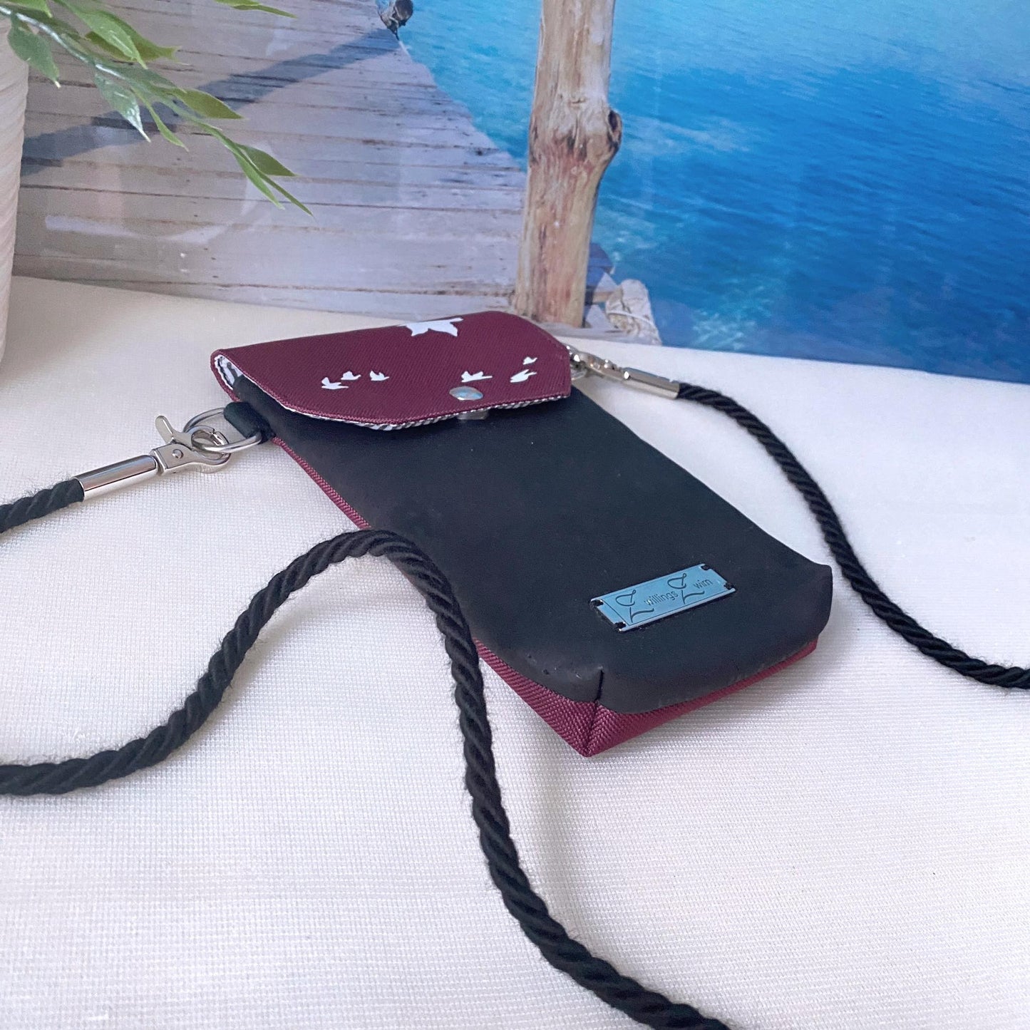 Handytasche *Vögel* Weiß/Bordeaux/Kork Schwarz