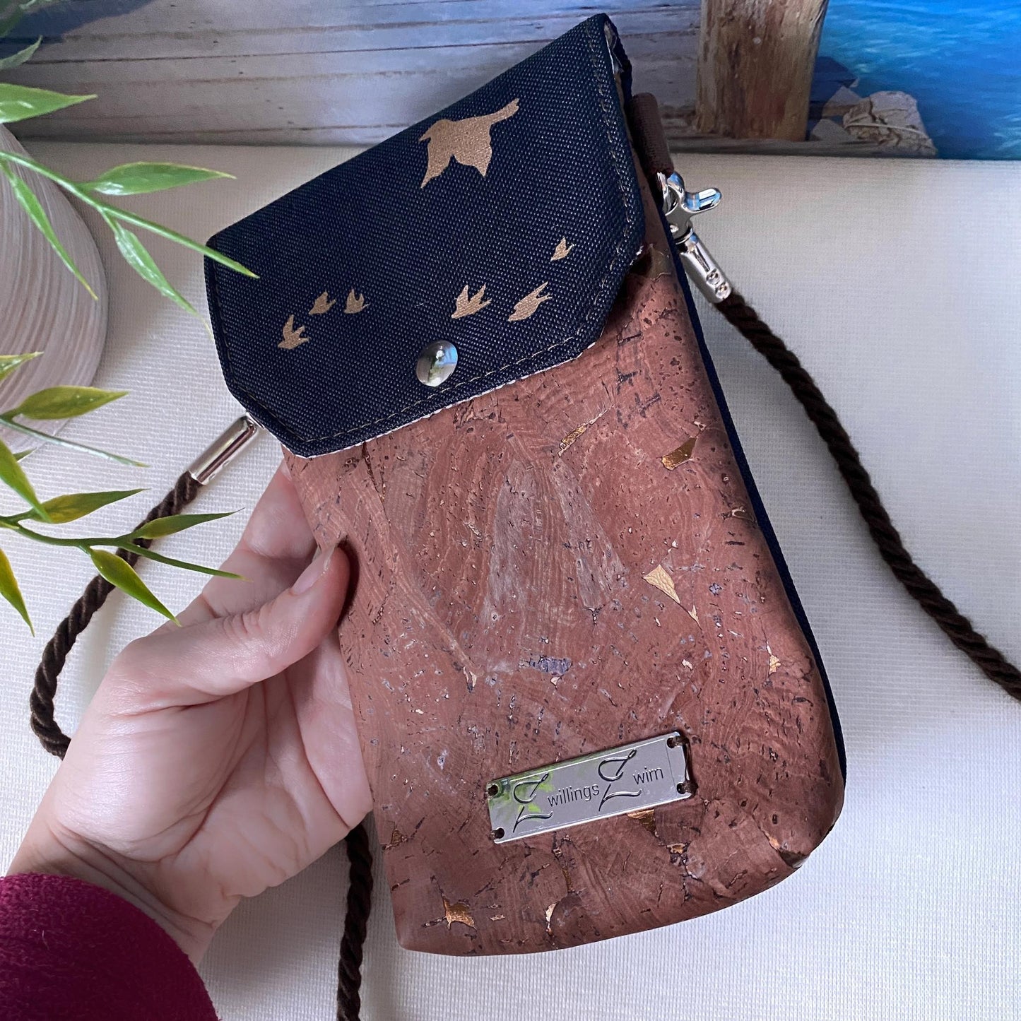 Handytasche *Vögel* Kupfer/Schwarz/Kork Braun Bronze
