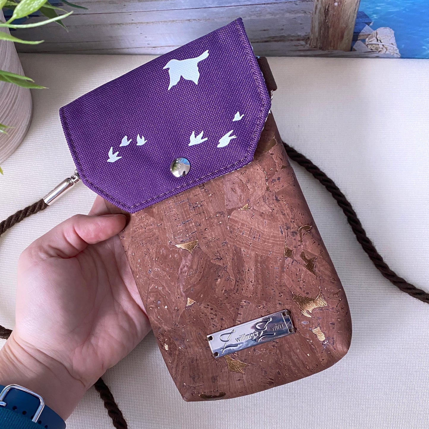 Handytasche *Vögel* Weiß/Aubergine/Kork Braun Bronze