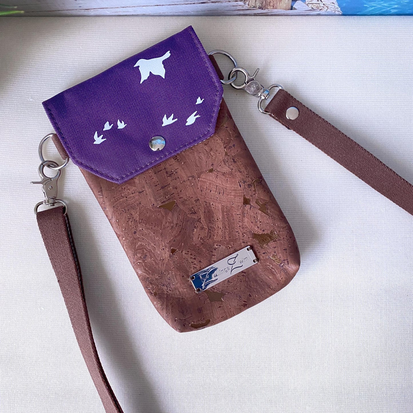 Handytasche *Vögel* Weiß/Aubergine/Kork Braun Bronze