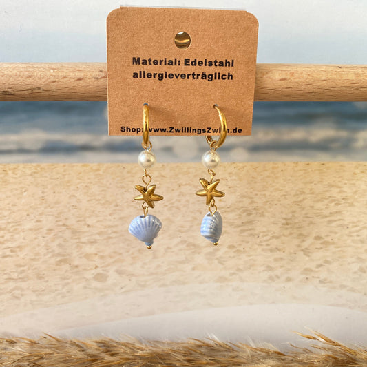 Ohrhänger Edelstahl -Gold/Blau Stern/Muschel-