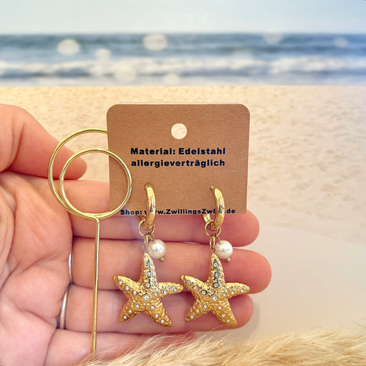 Ohrhänger Edelstahl Gold -Seestern Perle/Strass-
