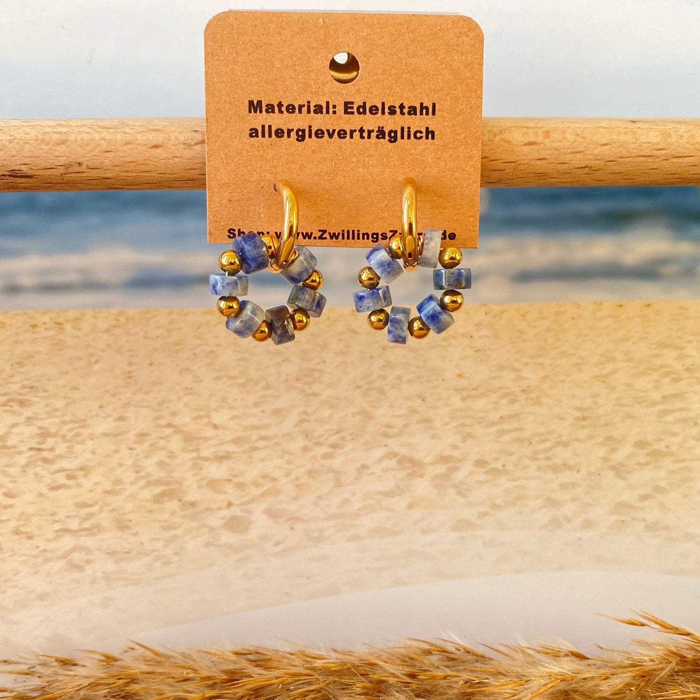 Ohrhänger Edelstahl -Beads Dunkelblau/Gold-