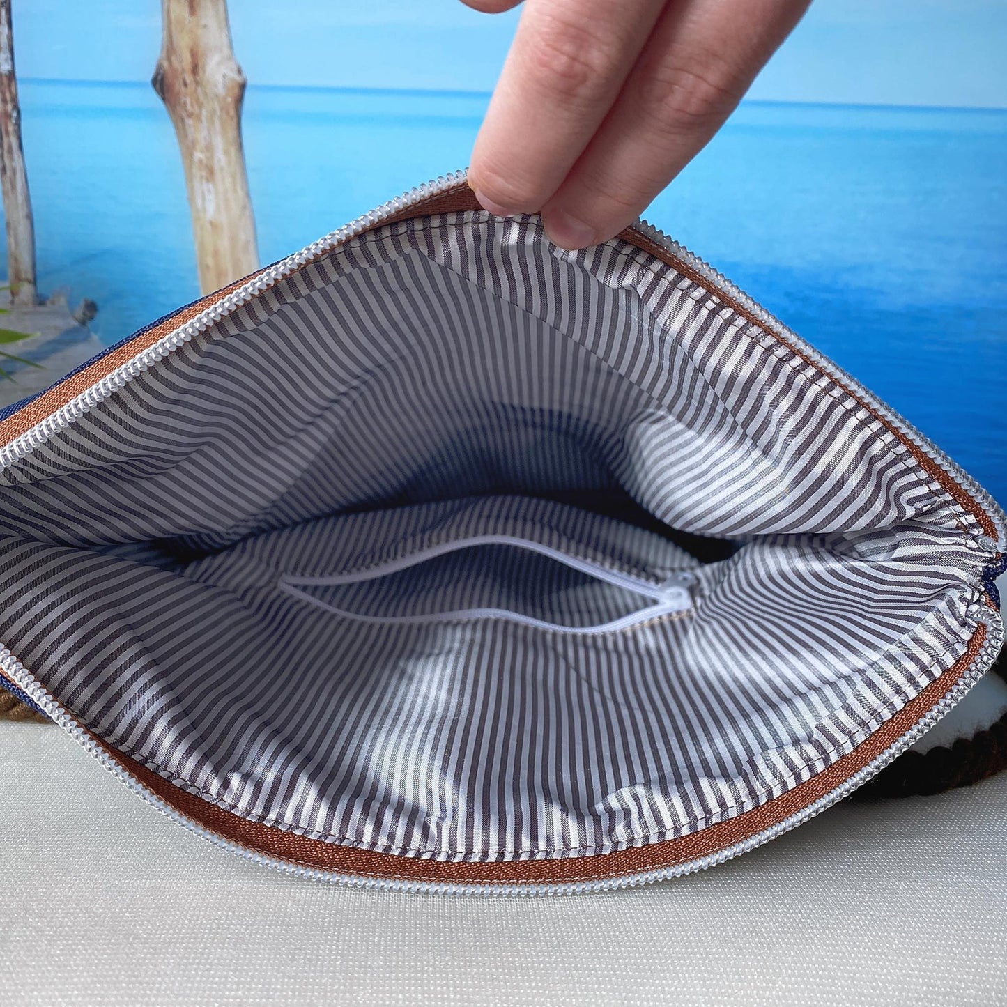 Fold-Over Tasche *Vögel* Weiß/Nachtblau/Kork Braun