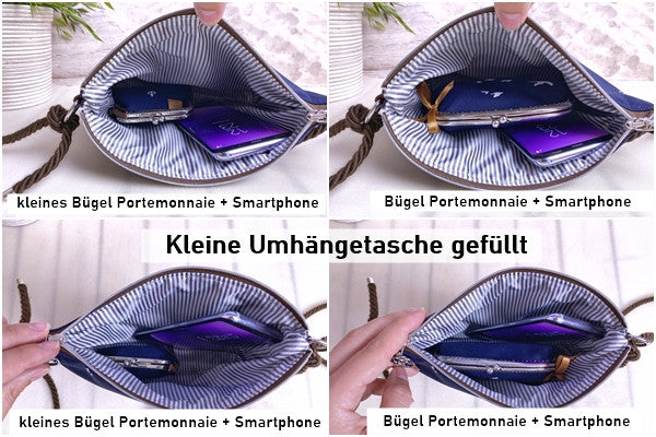 Kleine Umhängetasche *Vögel* Weiß/Hellgrau/Kork Hellbraun