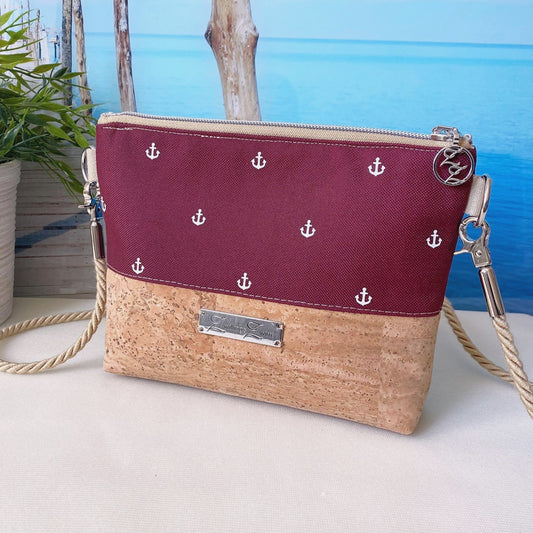Kleine Umhängetasche *Anker* Weiß/Bordeaux/Kork Hellbraun