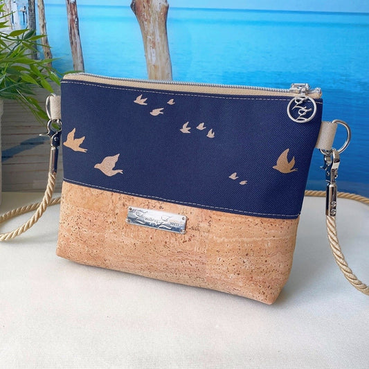 Kleine Umhängetasche *Vögel* Kupfer/Nachtblau/Kork Hellbraun