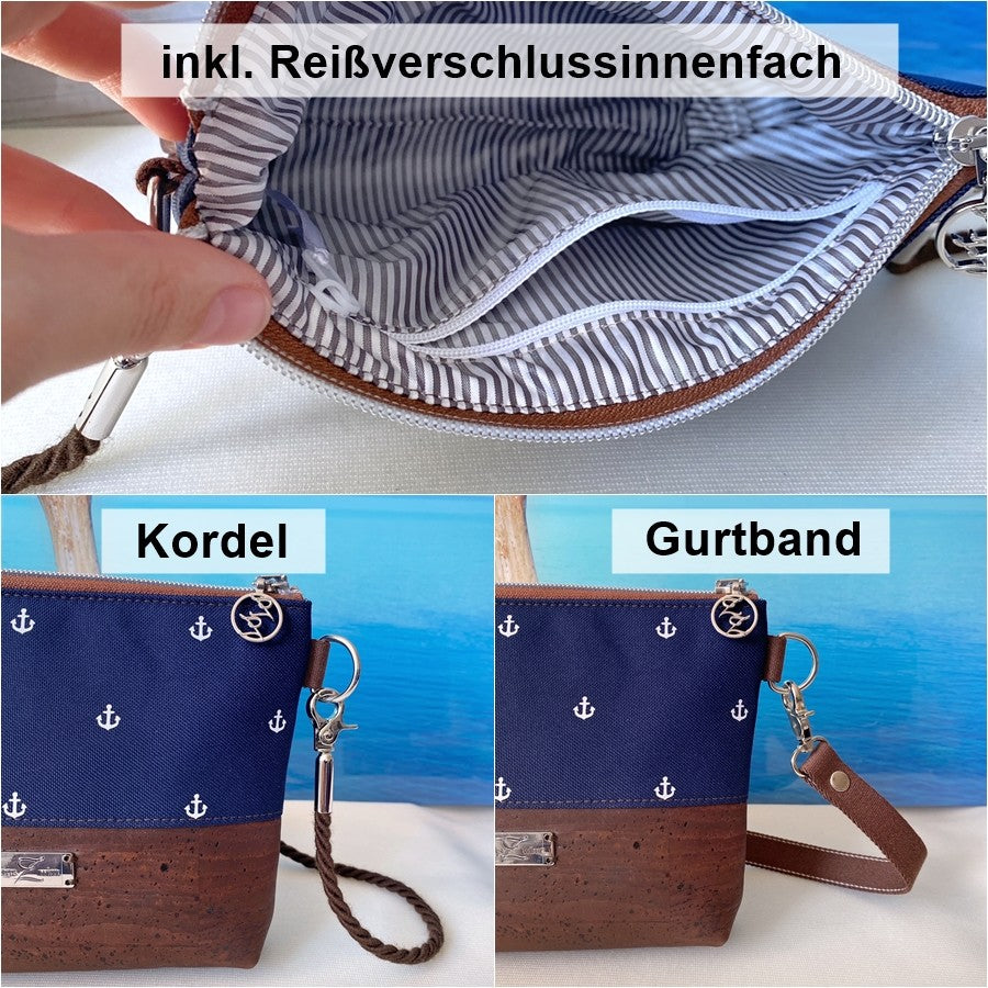 Kleine Umhängetasche *Vögel* Weiß/Petrol/Kork Braun