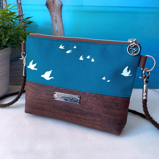 Kleine Umhängetasche *Vögel* Weiß/Petrol/Kork Braun