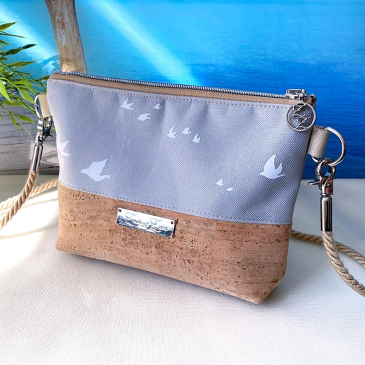 Kleine Umhängetasche *Vögel* Weiß/Hellgrau/Kork Hellbraun