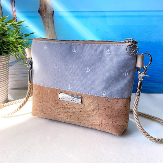 Kleine Umhängetasche *Anker* Weiß/Hellgrau/Kork Hellbraun