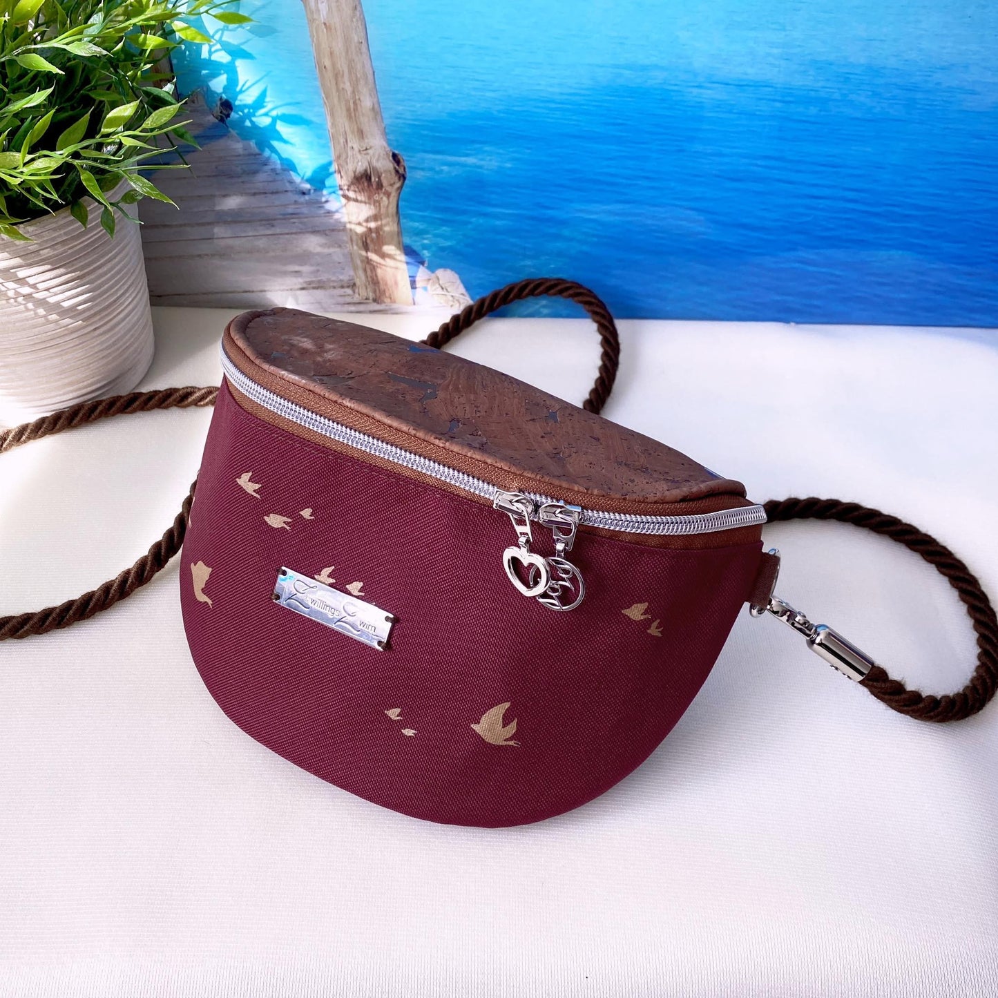 Bauchtasche *Vögel* Kupfer/Bordeaux/Kork Braun Bronze
