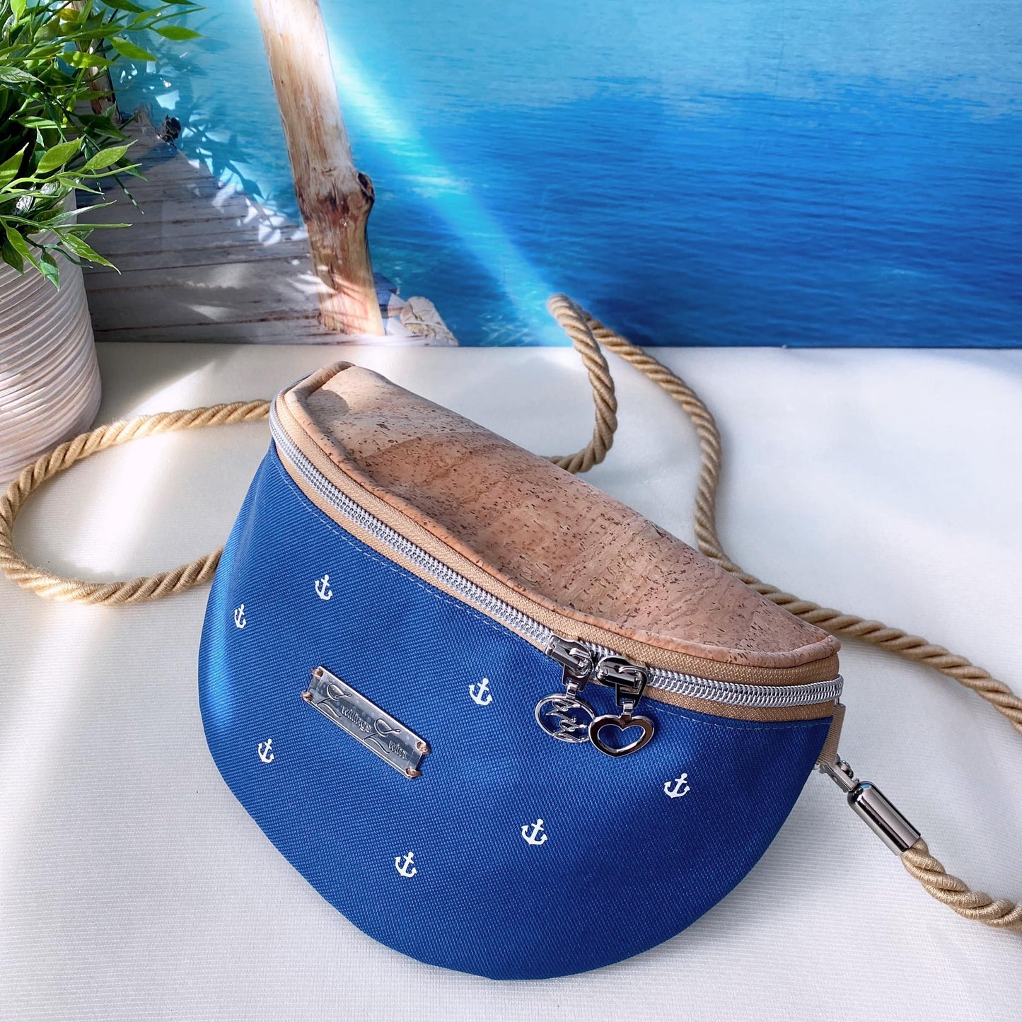 Bauchtasche *Anker* Weiß/Meeresblau/Kork Hellbraun