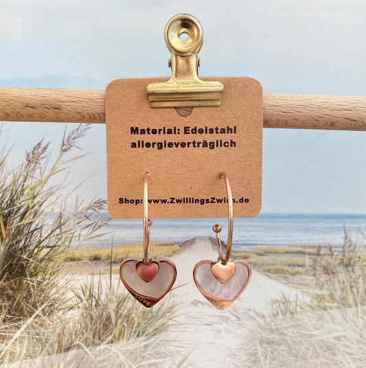 Ohrhänger Edelstahl -Creolen/Perlmutt Herz Roségold-