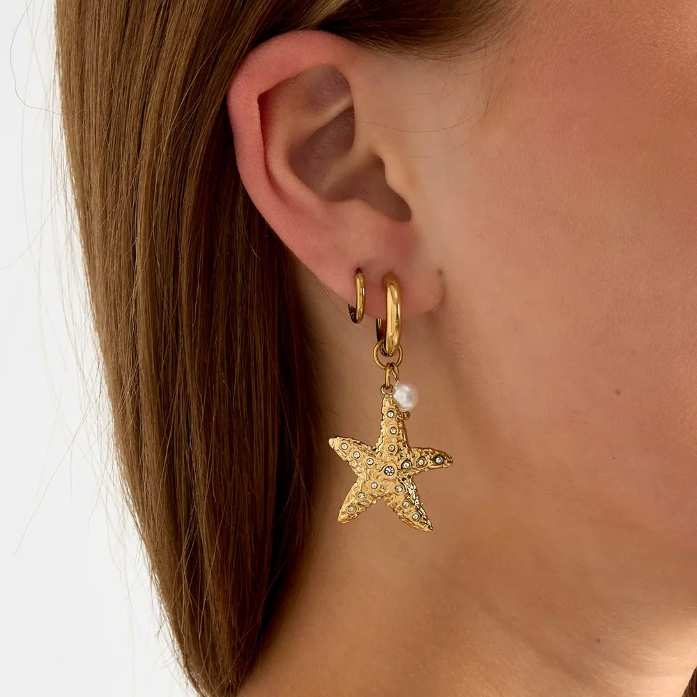 Ohrhänger Edelstahl Gold -Seestern Perle/Strass-