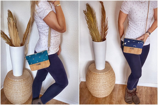 Kleine Umhängetasche *Vögel* Navyblau/Sand/Kork Hellbraun