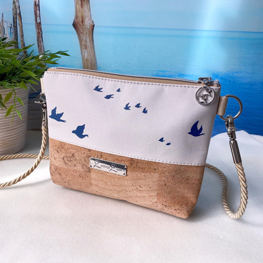 Kleine Umhängetasche *Vögel* Navyblau/Sand/Kork Hellbraun