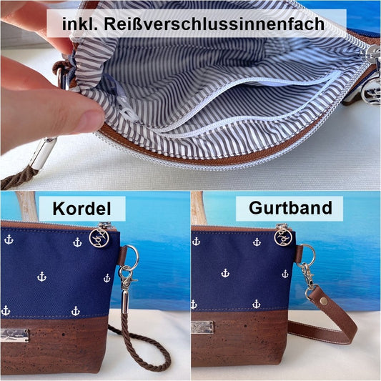 Kleine Umhängetasche *Vögel* Weiß/Bordeaux/Kork Hellbraun