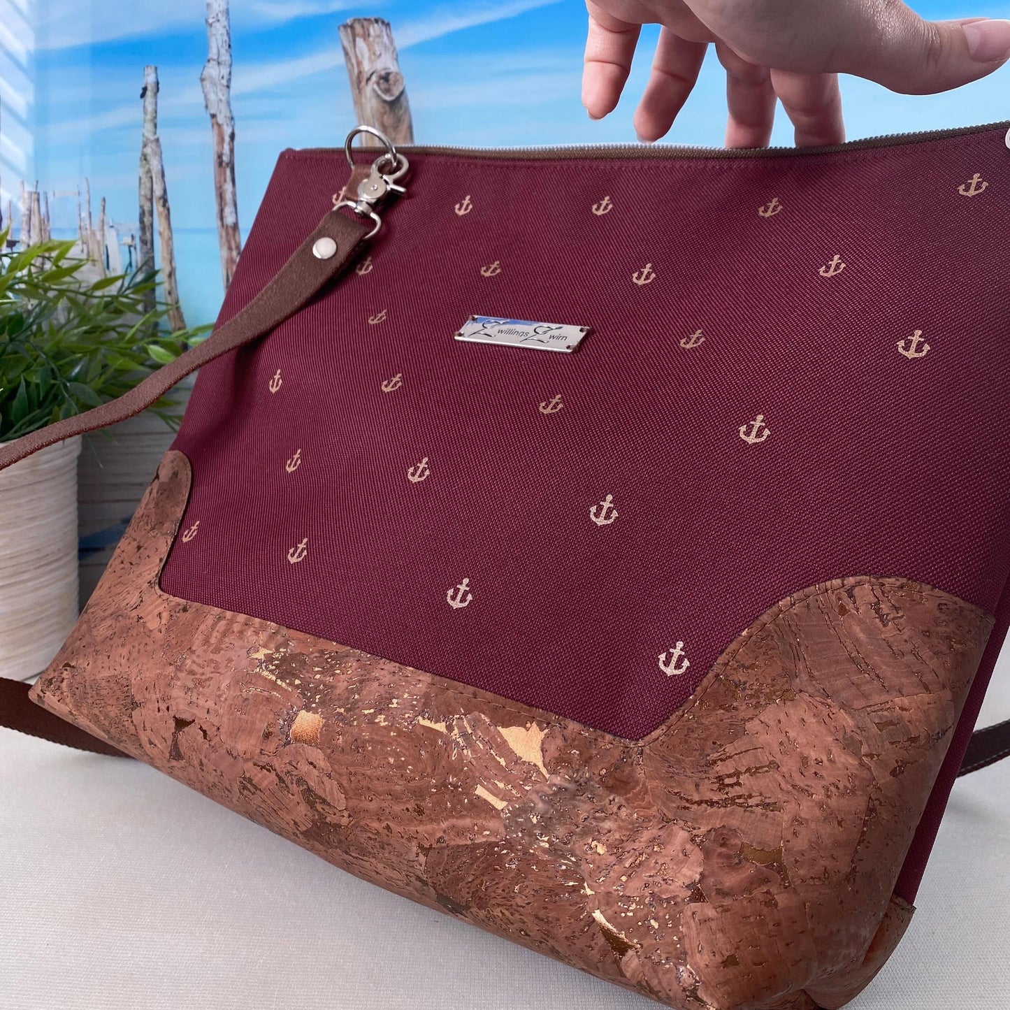 Schultertasche 1 *Anker* Kupfer/Bordeaux/Kork Braun Bronze