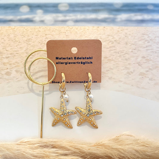 Ohrhänger Edelstahl Gold -Seestern Perle/Strass-