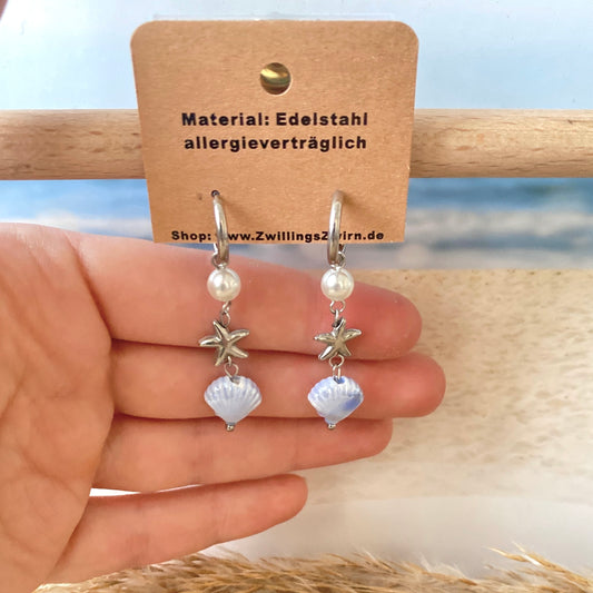 Ohrhänger Edelstahl -Silber/Blau Stern/Muschel-