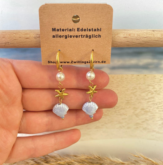 Ohrhänger Edelstahl -Gold/Blau Stern/Muschel-